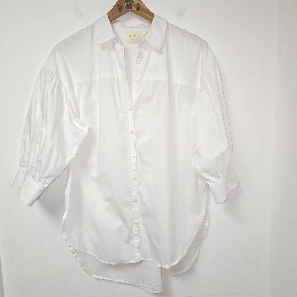 Maeve Anthropologie Shirt Button Down White Elbow Puff Sleeve Size L 100% Cotton